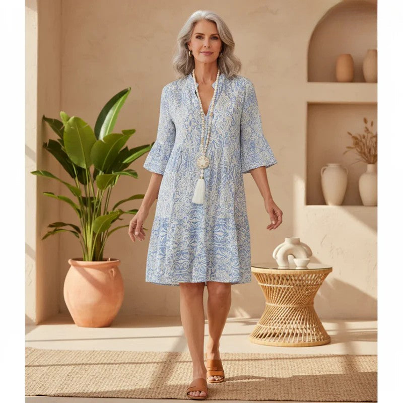 Liane | Anmutiges Boho-Minikleid für Damen mit V-Ausschnitt und kurzen Ärmeln