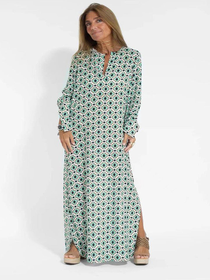 Chloe | Bauchbedeckendes Maxikleid für Damen mit V-Ausschnitt und langen Ärmeln