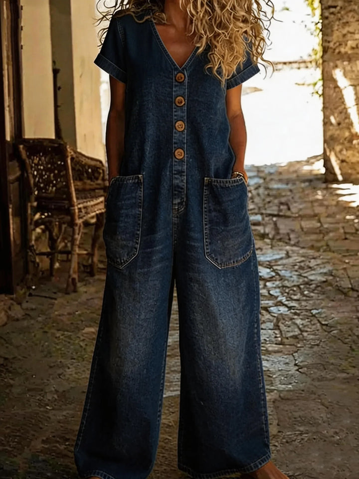 Denise | Denim-Overall für Damen mit V-Ausschnitt und kurzen Ärmeln