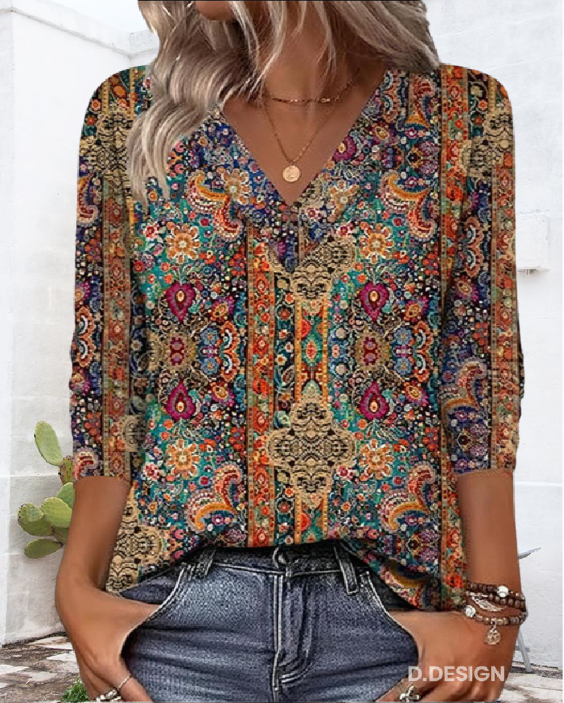 Vintage-inspirierte V-Ausschnitt Druckbluse für Damen mit 3/4-Ärmeln
