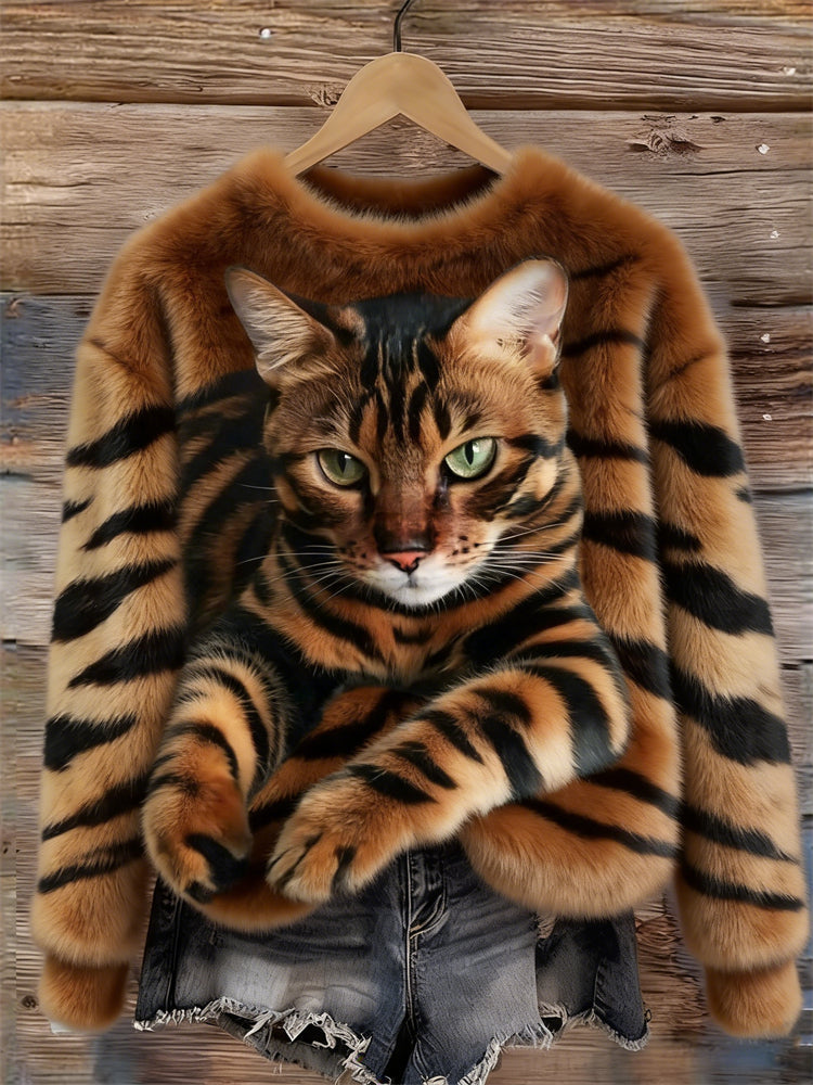 Gemütlicher Plüsch-Sweatshirt für Damen mit einem Tiger- und Tabby-Kätzchen-Design