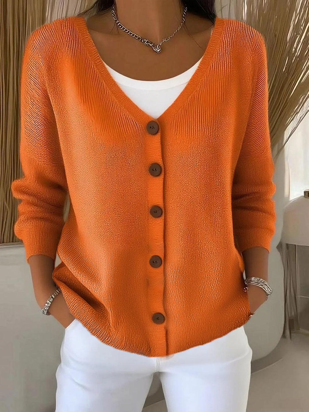 Olivia | Langarm V-Ausschnitt Knopf Pullover für Damen