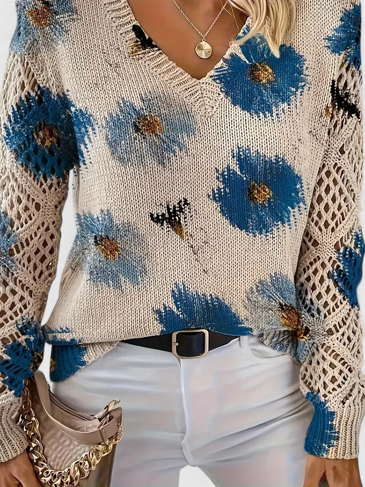 Noelle | Floral Strickpullover für Damen mit V-Ausschnitt und langen Ärmeln