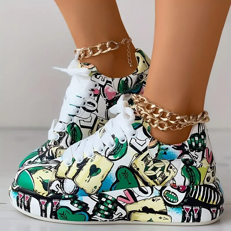 Mia | Damen Graffiti Druck Lage Turnschuhe mit niedrigem Absatz