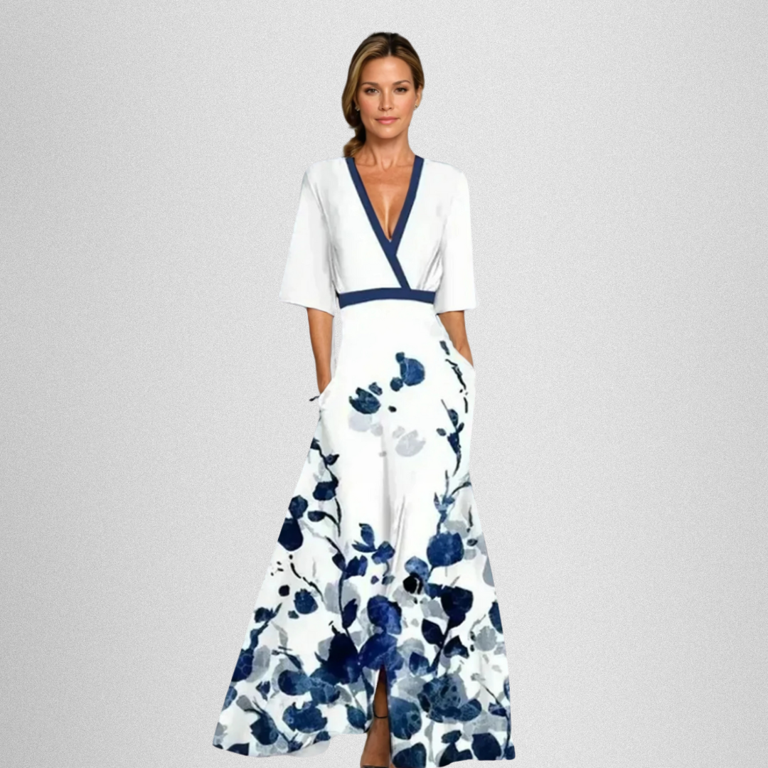 Elvira | Verführerisches Maxikleid für Damen mit V-Ausschnitt und kurzen Ärmeln