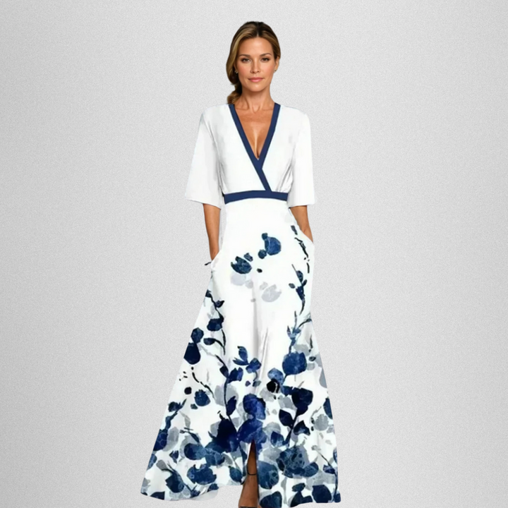 Elvira | Verführerisches Maxikleid für Damen mit V-Ausschnitt und kurzen Ärmeln