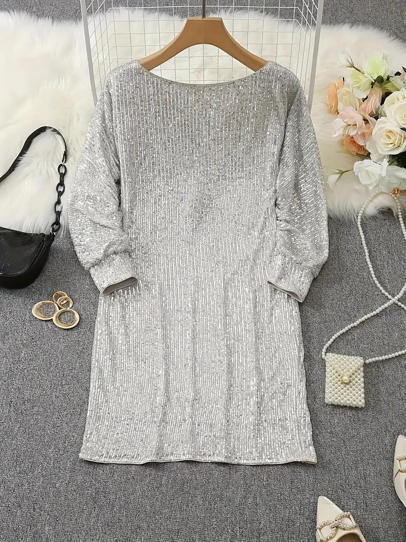 Chic Pailletten Feierkleid für Damen mit Rundhalsausschnitt und 3/4-Ärmeln