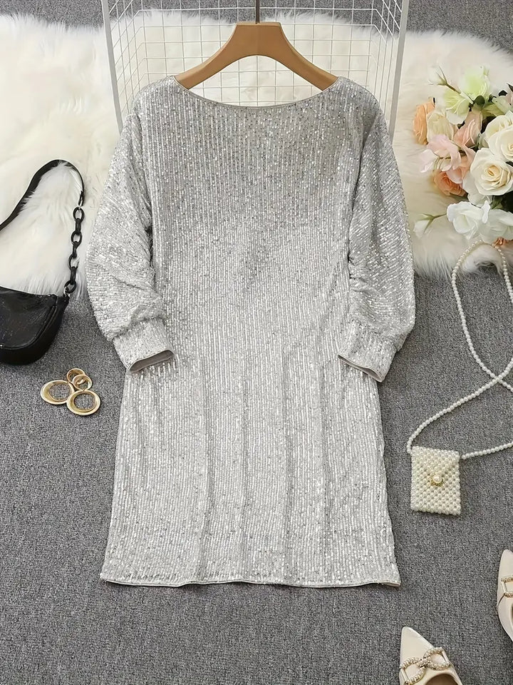 Chic Pailletten Feierkleid für Damen mit Rundhalsausschnitt und 3/4-Ärmeln