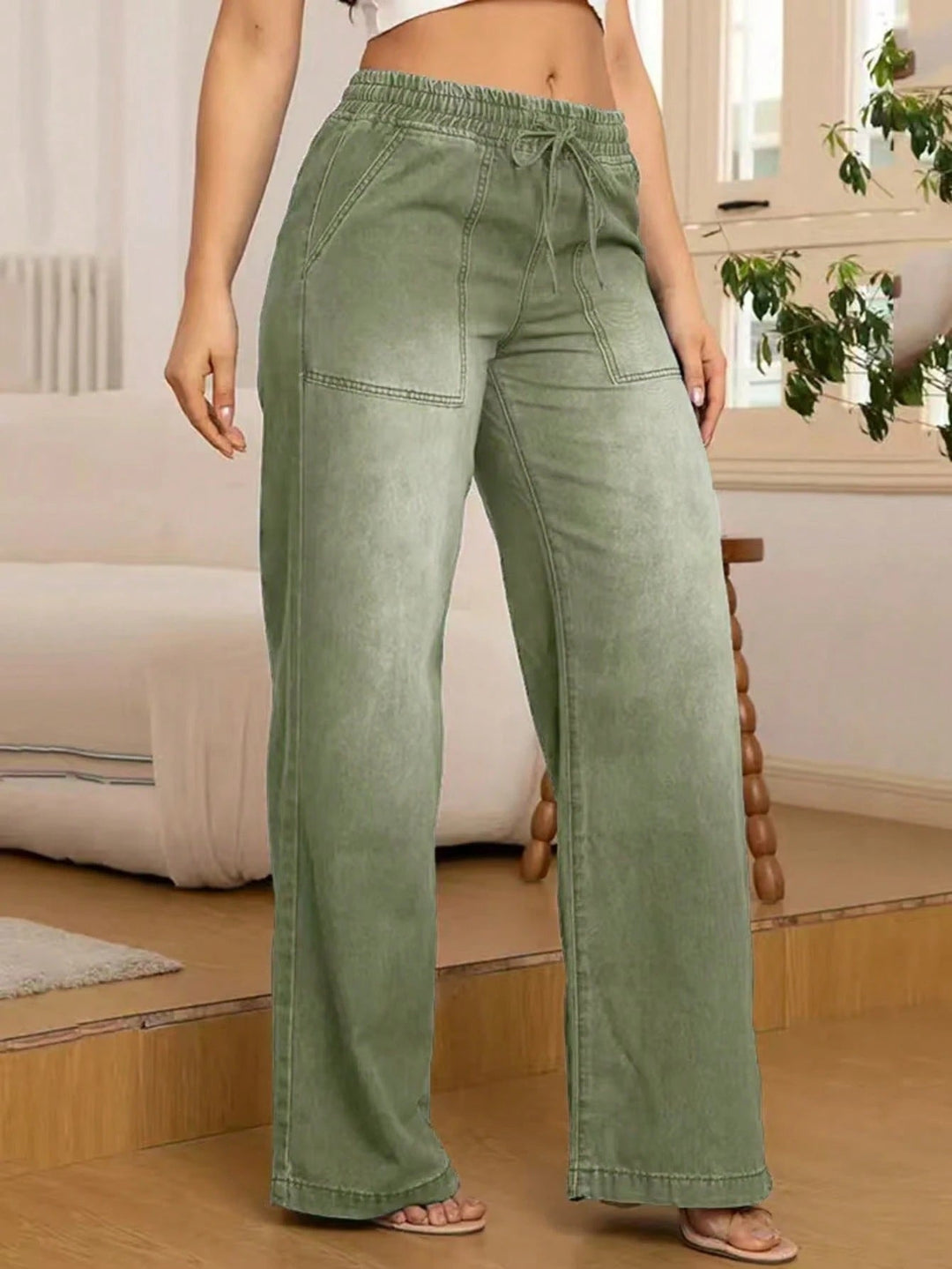 Verstellbare Kordelzug Taille Weite Bein Jeans für Damen