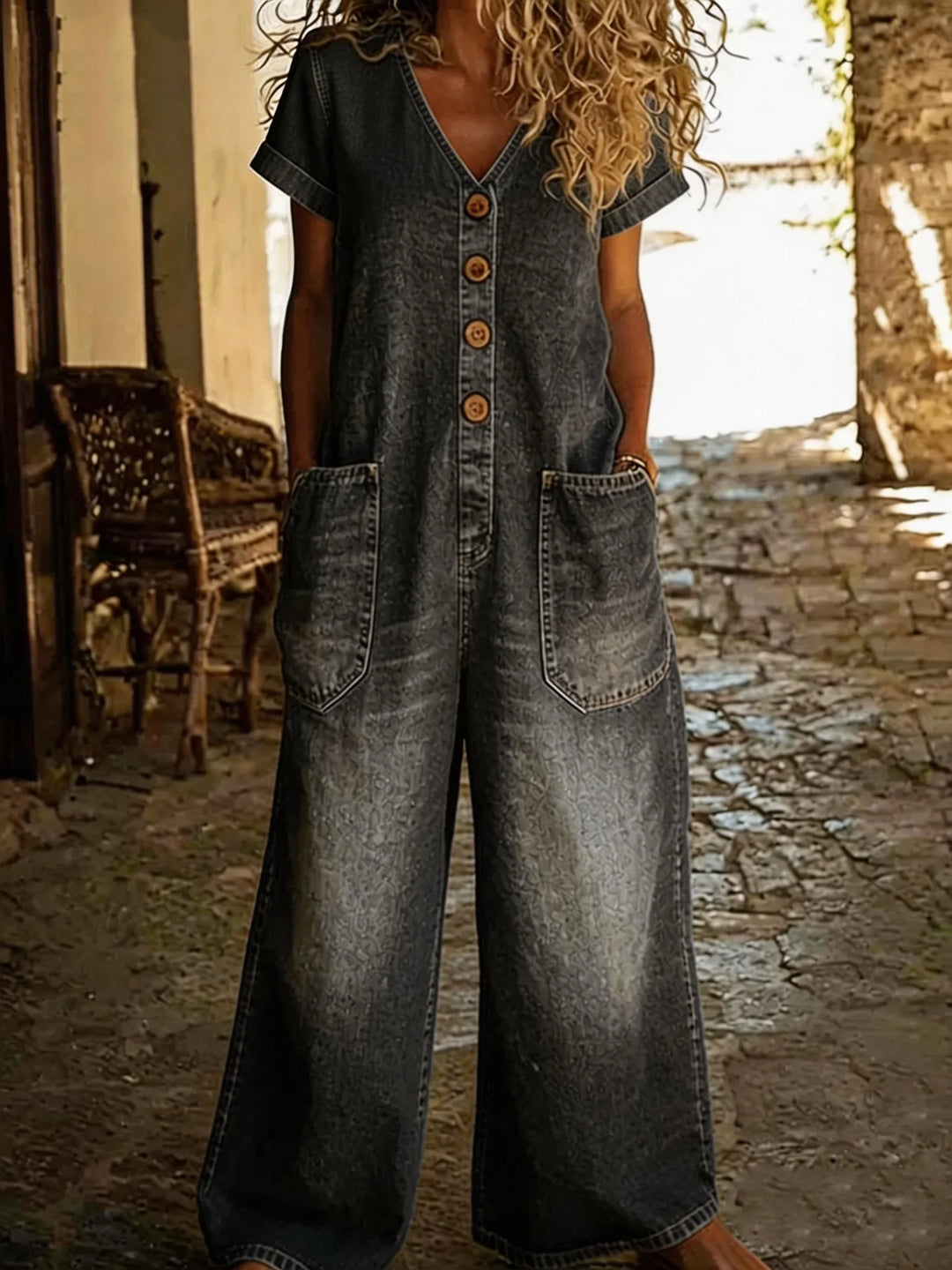 Denise | Denim-Overall für Damen mit V-Ausschnitt und kurzen Ärmeln