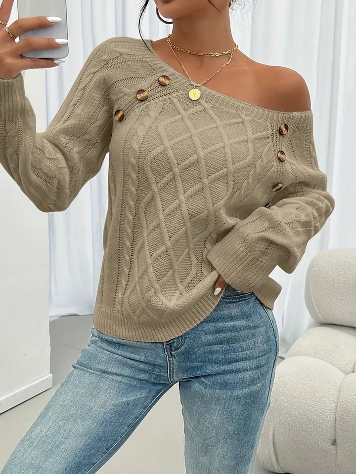 Lina | Langärmeliger Pullover für Damen mit Zopfmuster, Lässiger Pullover mit Rundhalsausschnitt