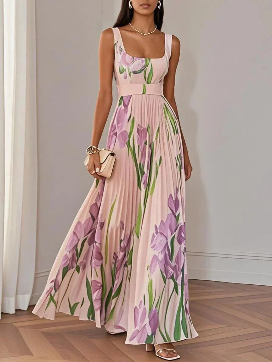 Nina | Damen Blumen Maxi Kleid mit Falten-Design und eckigem Ausschnitt