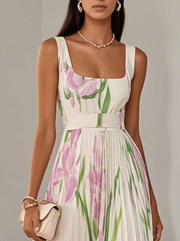 Nina | Damen Blumen Maxi Kleid mit Falten-Design und eckigem Ausschnitt