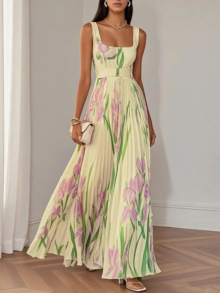 Nina | Damen Blumen Maxi Kleid mit Falten-Design und eckigem Ausschnitt