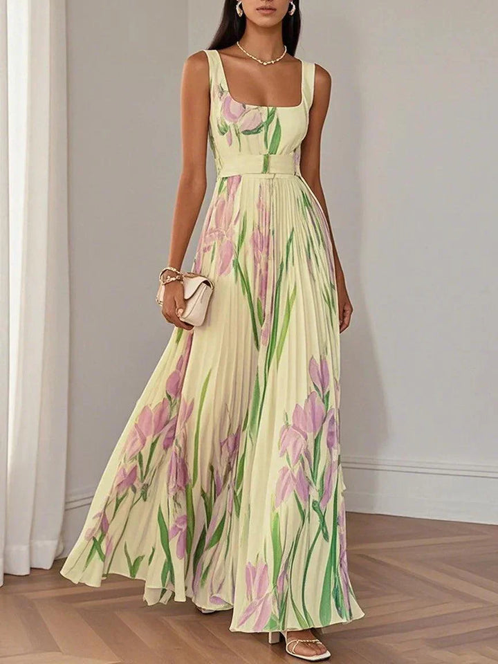 Nina | Damen Blumen Maxi Kleid mit Falten-Design und eckigem Ausschnitt
