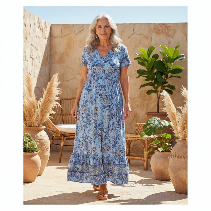 Connie | Floral Maxi Kleid für Damen mit V-Ausschnitt und kurzen Ärmeln
