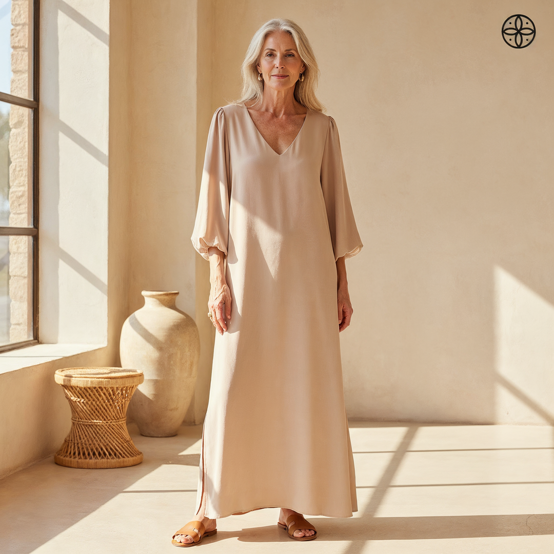 Delilah | Maxikleid für Damen mit V-Ausschnitt und 3/4-Ärmeln