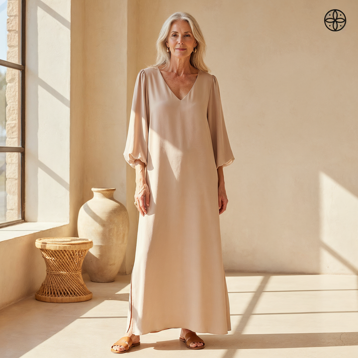 Delilah | Maxikleid für Damen mit V-Ausschnitt und 3/4-Ärmeln