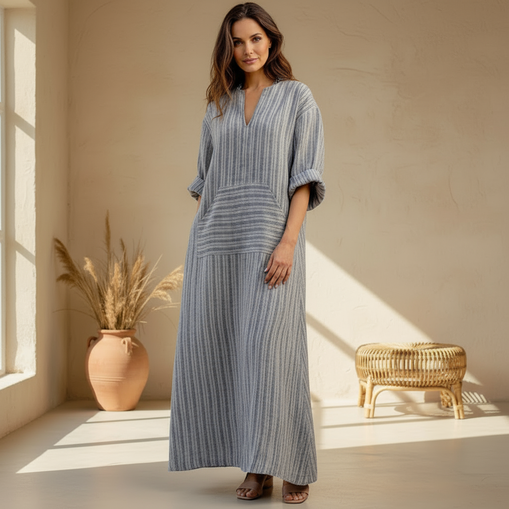 Yvonne | Gestreiftes Maxikleid für Damen mit Streifen und V-Ausschnitt