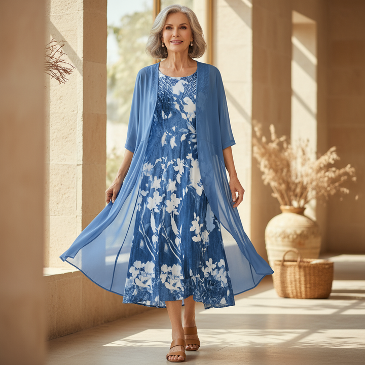 Anita | Anmutiges Midikleid Set für Damen mit Blumenmuster und Rundhalsausschnitt