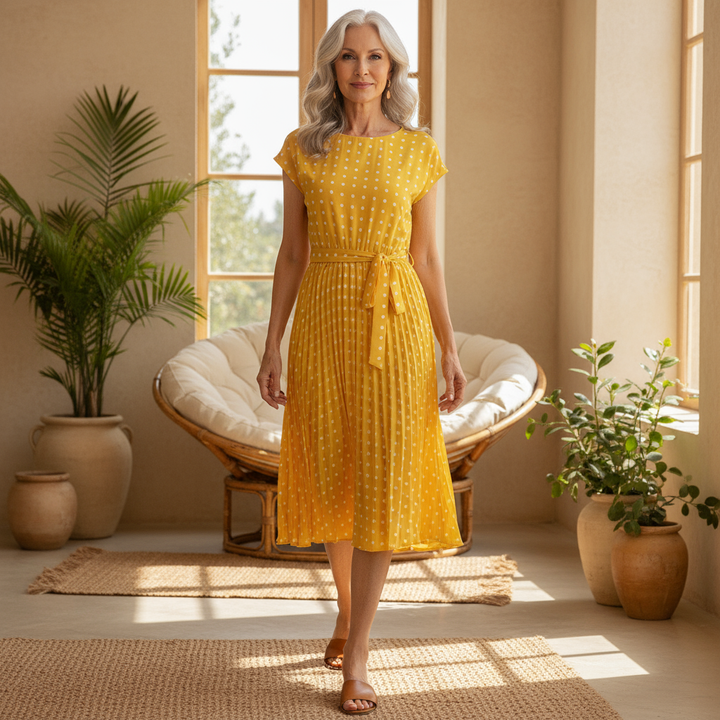 Beth | Polka Bloom Midikleid für Damen mit Punkten und Rundhalsausschnitt
