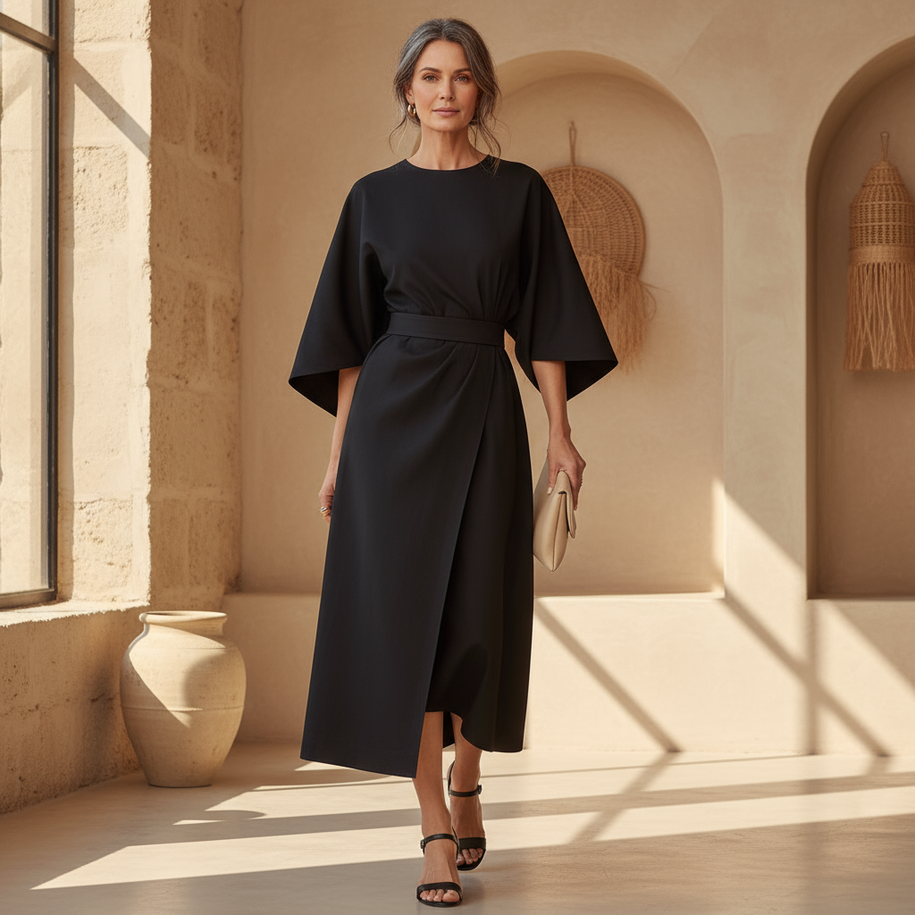 Lissey | Minimalistisches Gürtel-Luxuskleid für Damen mit Rundhalsausschnitt