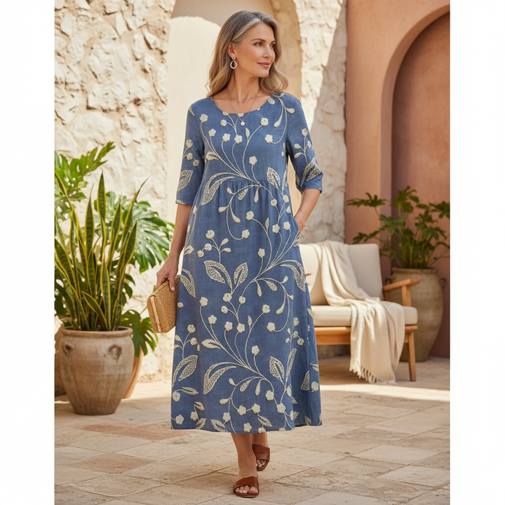Kharen | Florales Midi-Kleid für Damen mit Rundhalsausschnitt und kurzen Ärmeln
