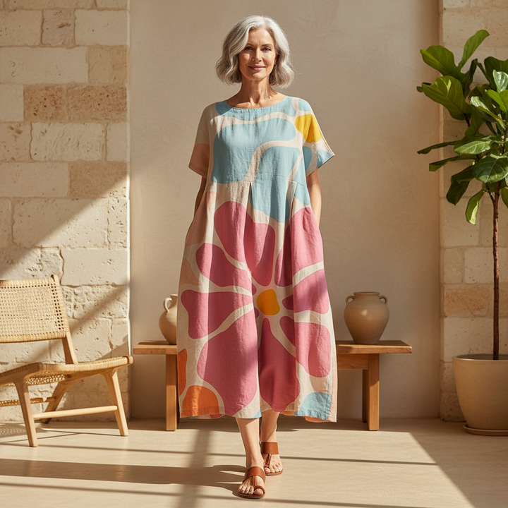 Floria | Lebhaftes Blumenkleid für Damen mit Rundhalsausschnitt und kurzen Ärmeln