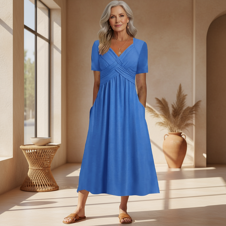 Sacha | Lässige Eleganz Midi-Kleid für Damen mit V-Ausschnitt und kurzen Ärmeln