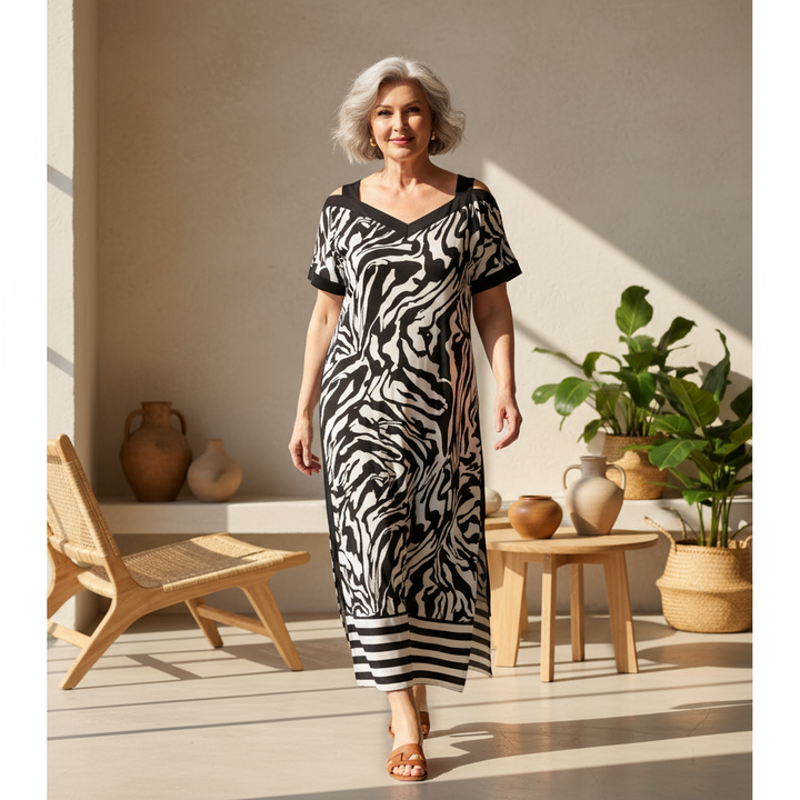 Amarie | Maxikleid für Damen mit V-Ausschnitt und kurzen Ärmeln
