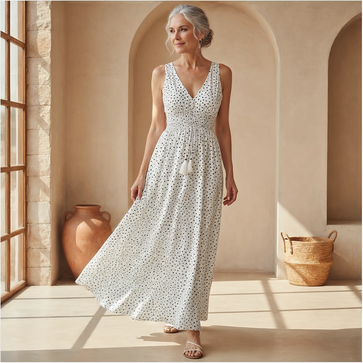 Gayle | Bohemian Maxi Kleid für Damen mit Punkten und V-Ausschnitt
