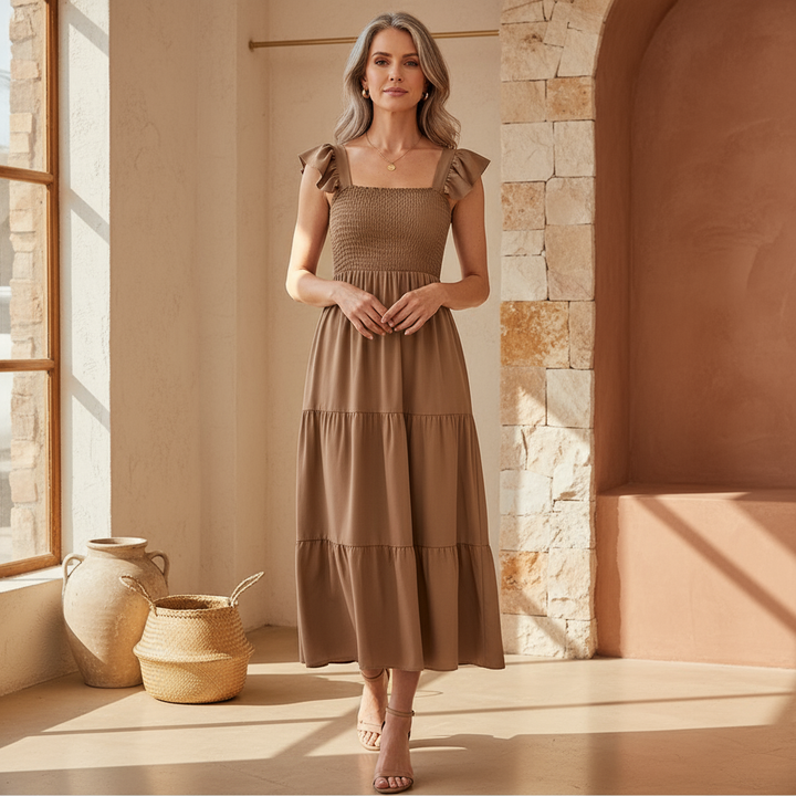 Yessa | Elegantes Stufen-Midikleid für Damen mit eckigem Ausschnitt