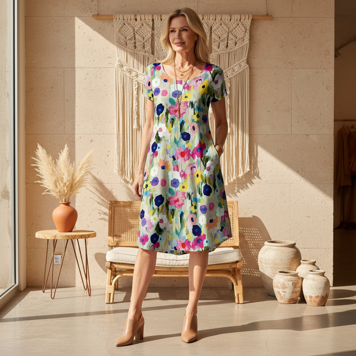 Priya | Wasserfarben-Blütenkleid für Damen mit Blumenmuster und Rundhalsausschnitt