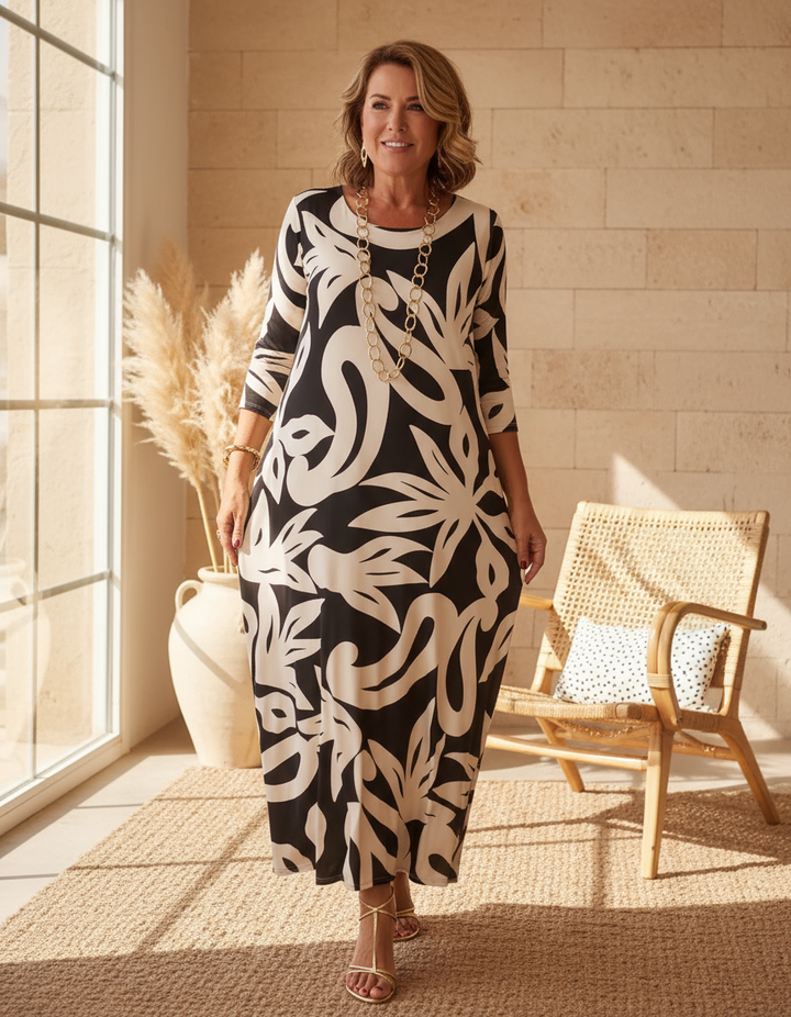 Ysabel | Abstraktes Muse Maxikleid für Damen mit Rundhalsausschnitt und 3/4-Ärmeln