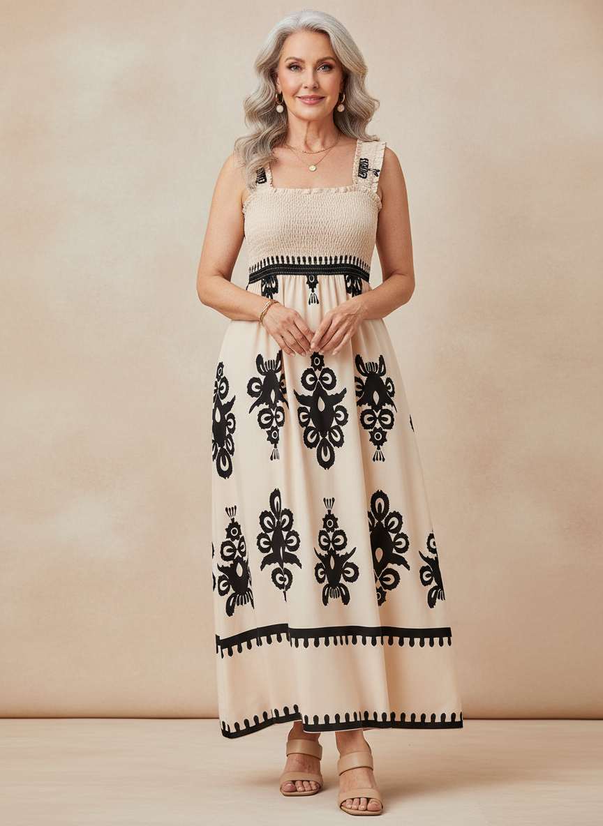 Iveth | Bohemian Maxikleid für Damen mit Blumenmuster und eckigem Ausschnitt