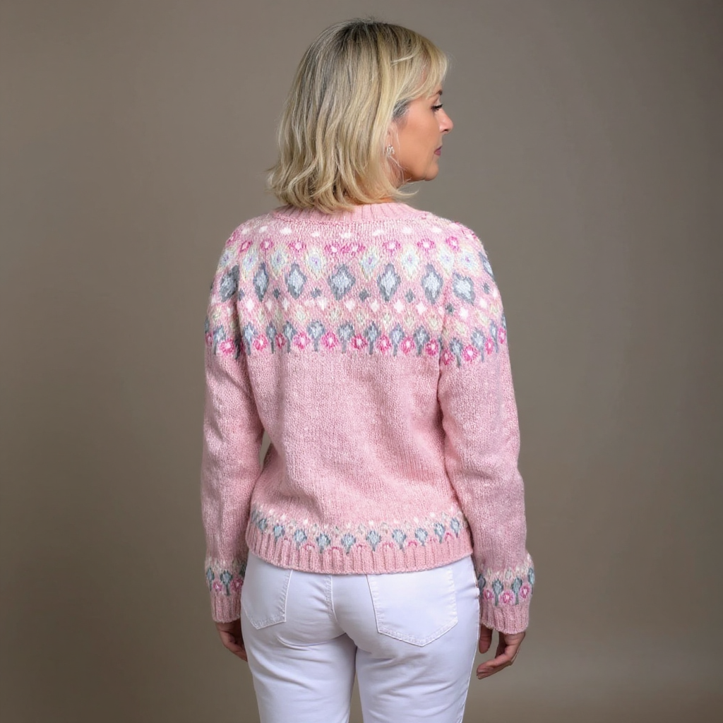 Hasel | Pink Comfort Cardigan für Damen mit Blumenmuster und Rundhalsausschnitt