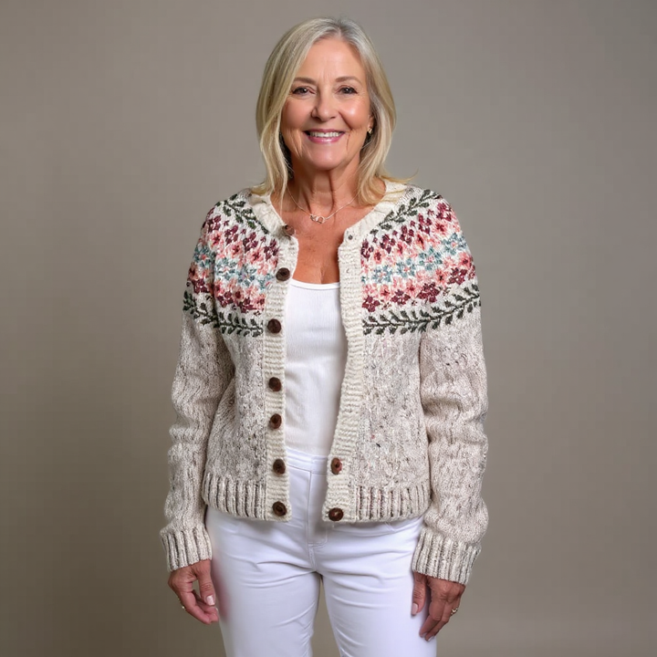 Madelyne | Vintage Isländische Strickjacke für Damen mit Blumenmuster