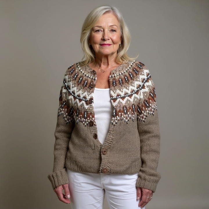 Adeline | Vintage Isländischer Cardigan für Damen mit Rundhalsausschnitt