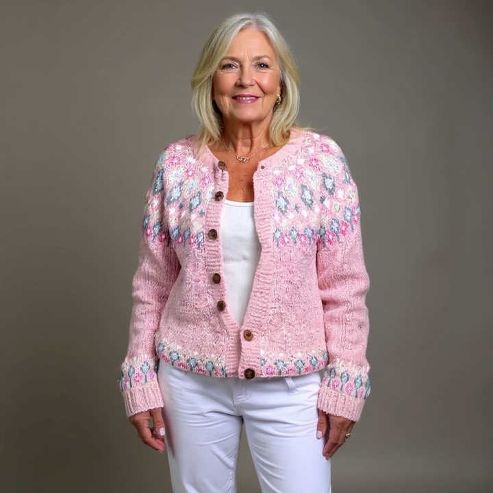 Hasel | Pink Comfort Cardigan für Damen mit Blumenmuster und Rundhalsausschnitt