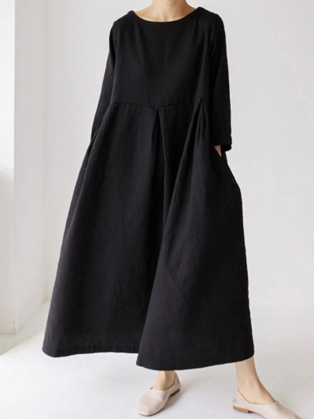 Ella | Lockeres Midikleid für Damen mit Seitentaschen und Rundhalsausschnitt