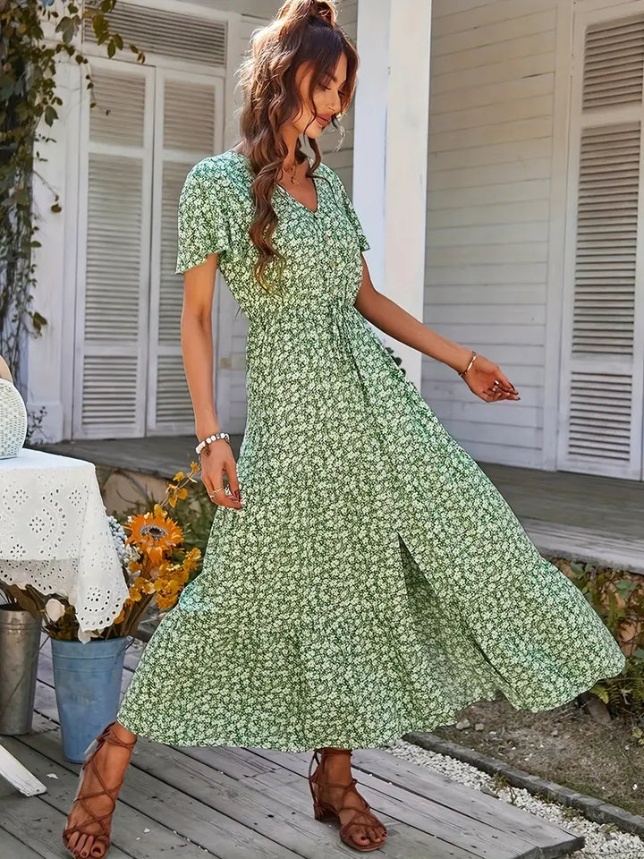 Selina | Elegante Maxikleid mit V-Ausschnitt und kurzen Ärmeln