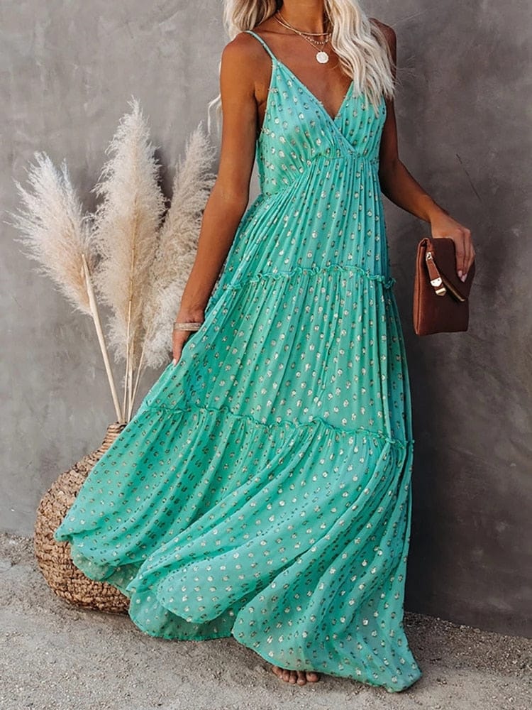 Evi Grüne Maxi Kleid mit V-Ausschnitt und Sommerlichem Ibiza-Muster