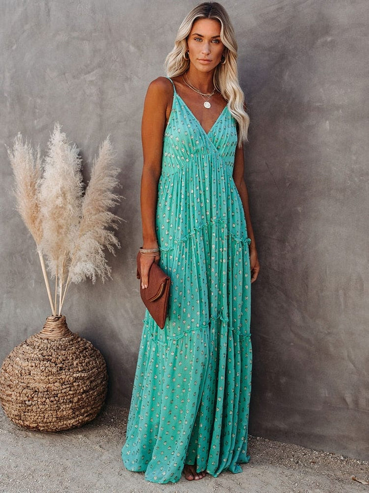 Evi Grüne Maxi Kleid mit V-Ausschnitt und Sommerlichem Ibiza-Muster