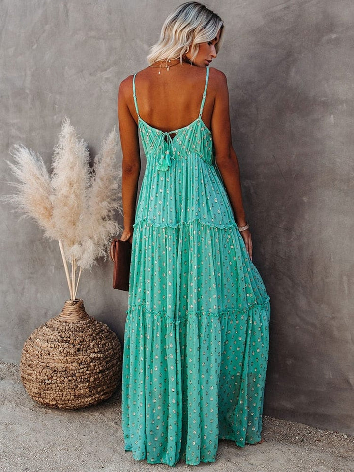Evi Grüne Maxi Kleid mit V-Ausschnitt und Sommerlichem Ibiza-Muster