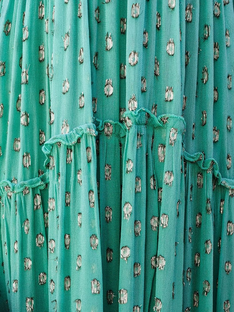 Evi Grüne Maxi Kleid mit V-Ausschnitt und Sommerlichem Ibiza-Muster