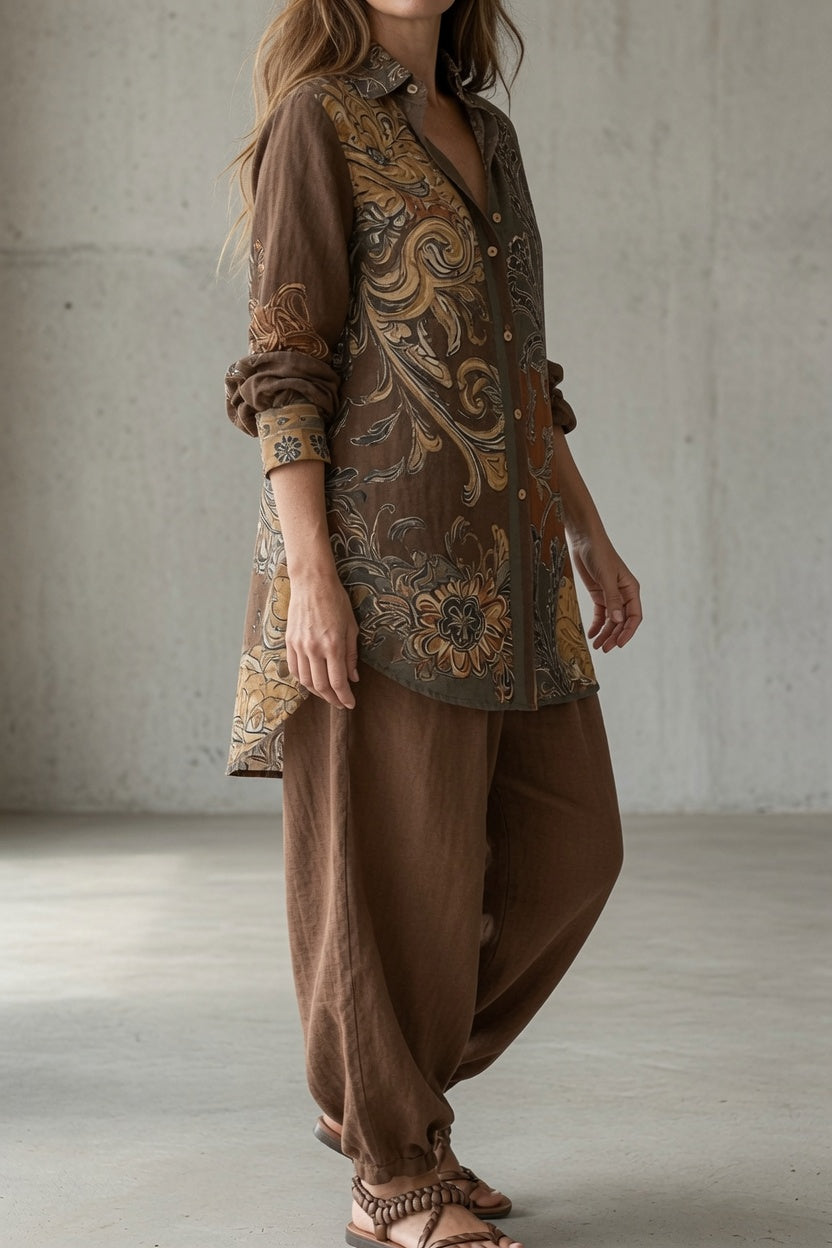 Elena | Women's Floral Long Sleeve Top & Pants Set with Buttons