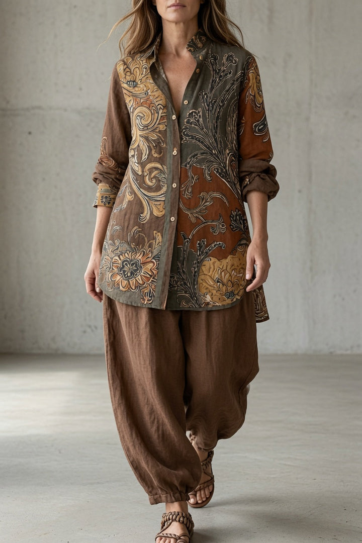 Elena | Women's Floral Long Sleeve Top & Pants Set with Buttons