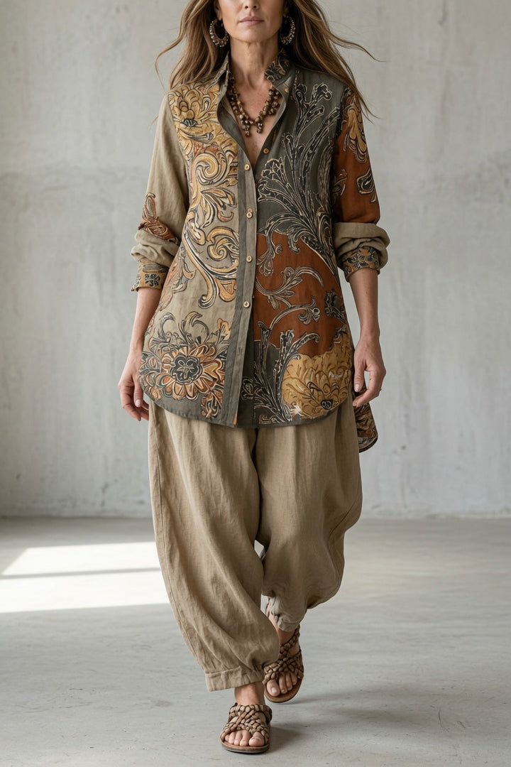 Elena | Women's Floral Long Sleeve Top & Pants Set with Buttons