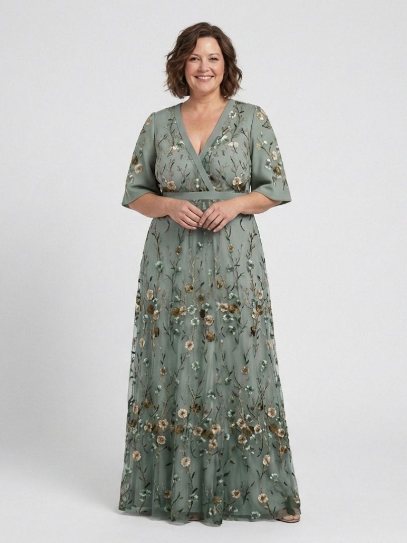 Evadne | Besticktes V-Ausschnitt Maxikleid für Damen mit kurzen Ärmeln