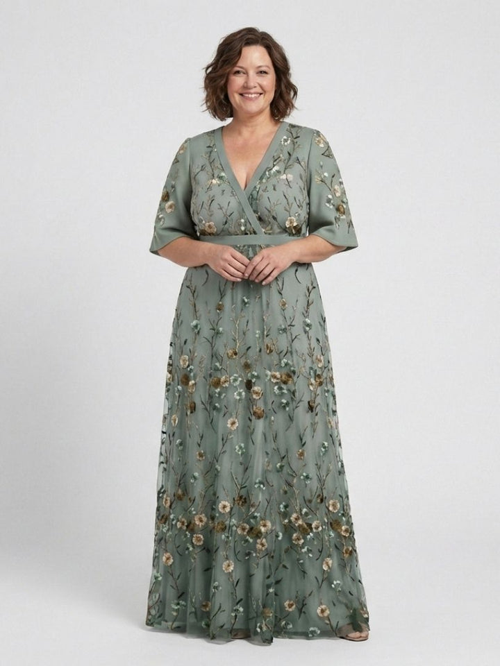Evadne | Besticktes V-Ausschnitt Maxikleid für Damen mit kurzen Ärmeln